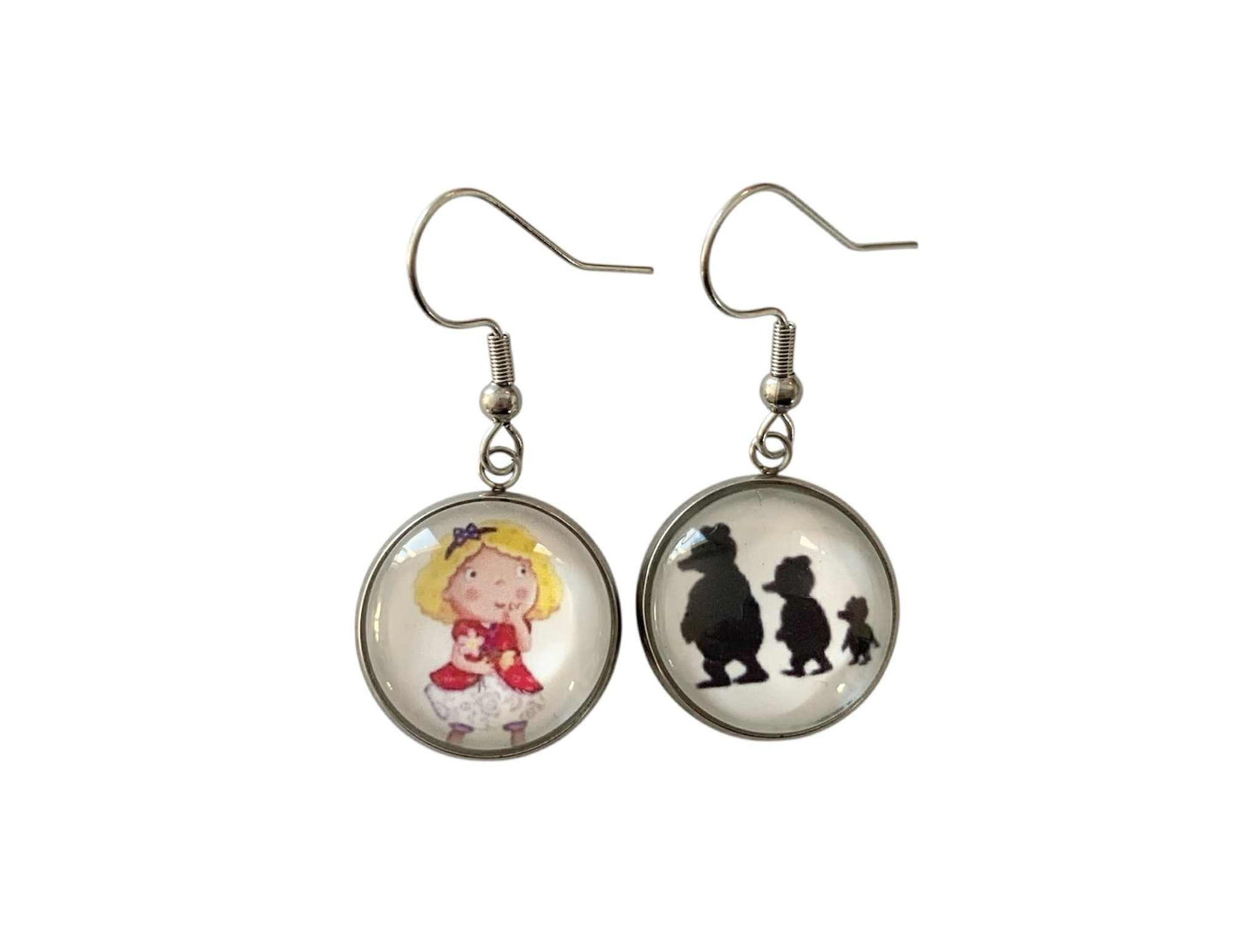 Boucles d’oreilles cabochon pendantes, argentées, Boucle d'Or et les 3 ours, cabochon verre