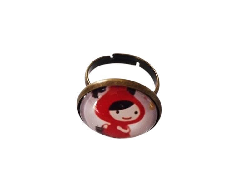 Bague cabochon fantaisie, petit chaperon rouge, bronze, cabochon verre