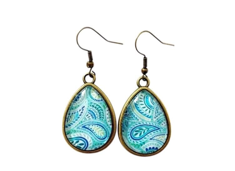 Boucles d’oreilles cabochon bronze, gouttes, esprit bohème, arabesque, tendance, cabochon verre