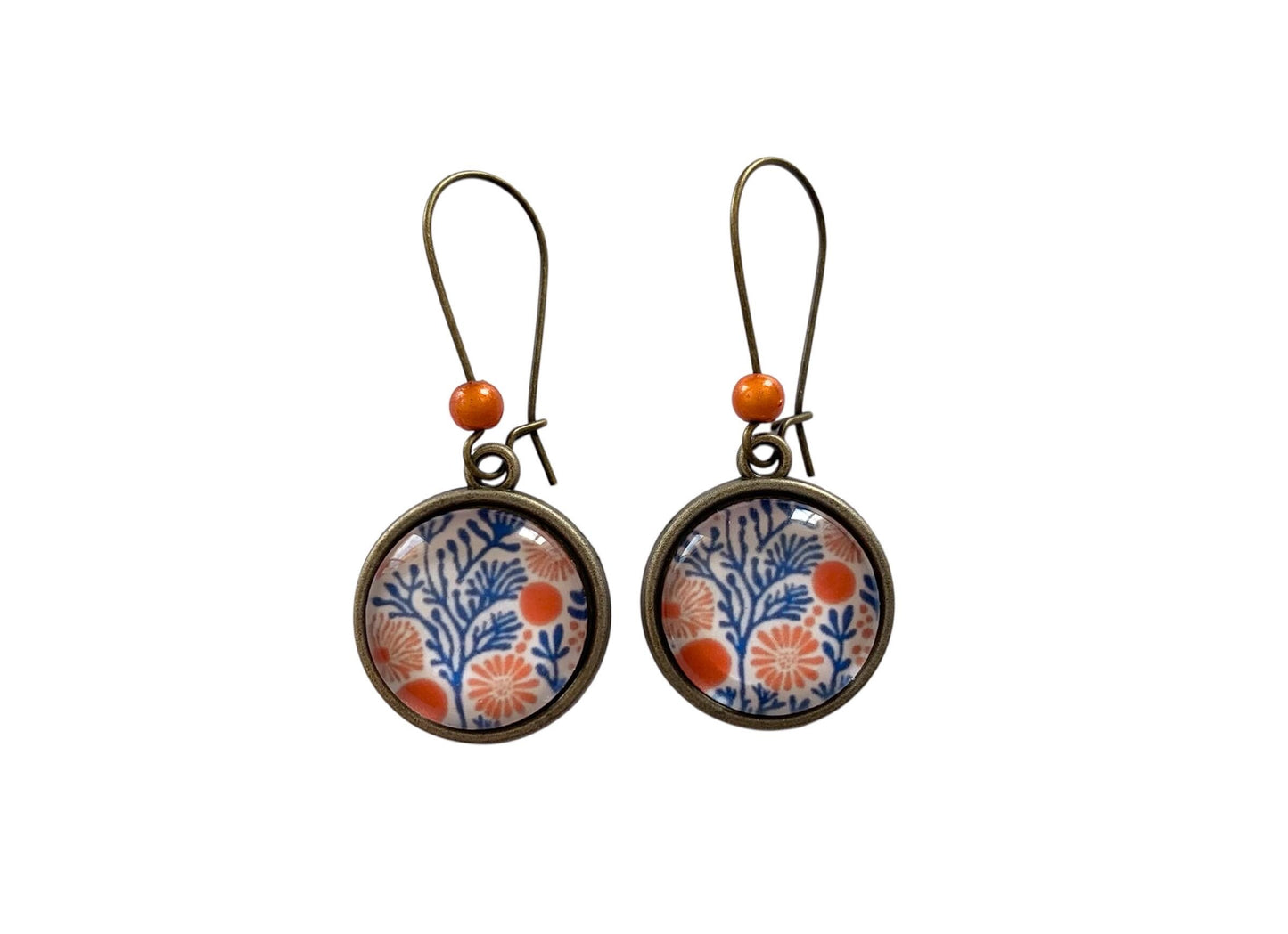 Boucles d'oreilles cabochon pendantes , algues et corail, cabochons verre