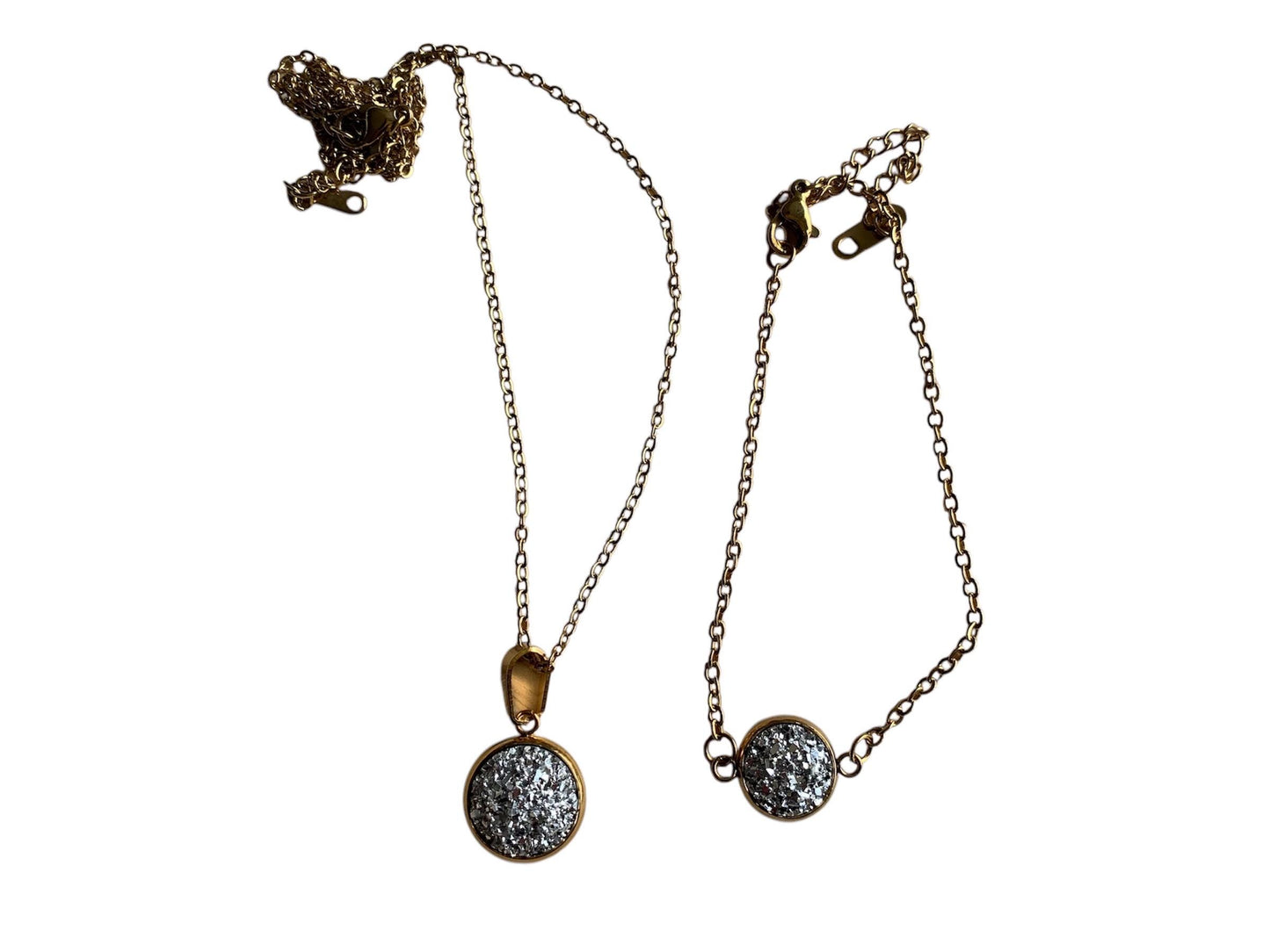 Coffret collier et bracelet assorti, doré, acier inoxydable, cabochon paillettes