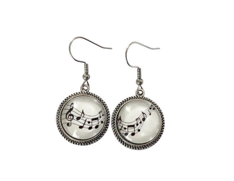 Boucles d'oreilles rondes, clé de sol, notes, musique, musicienne, cabochon verre