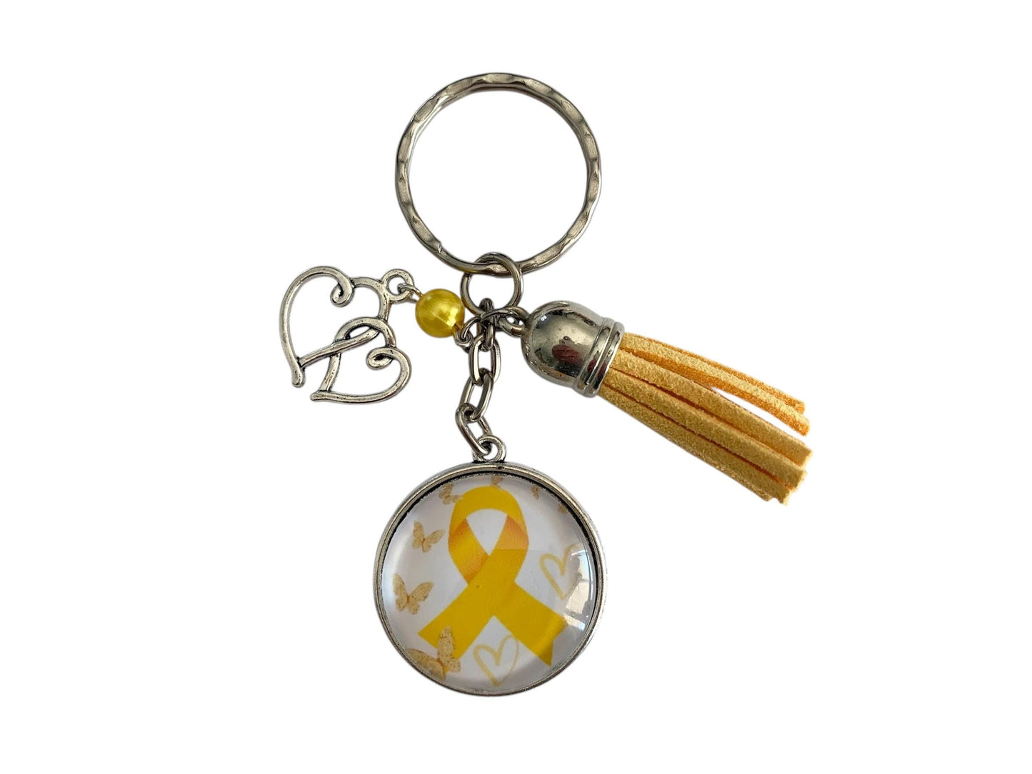Porte clé, bijou de sac, septembre en or, lutte contre le cancer pédiatrique, ruban or, espoir, cabochon verre