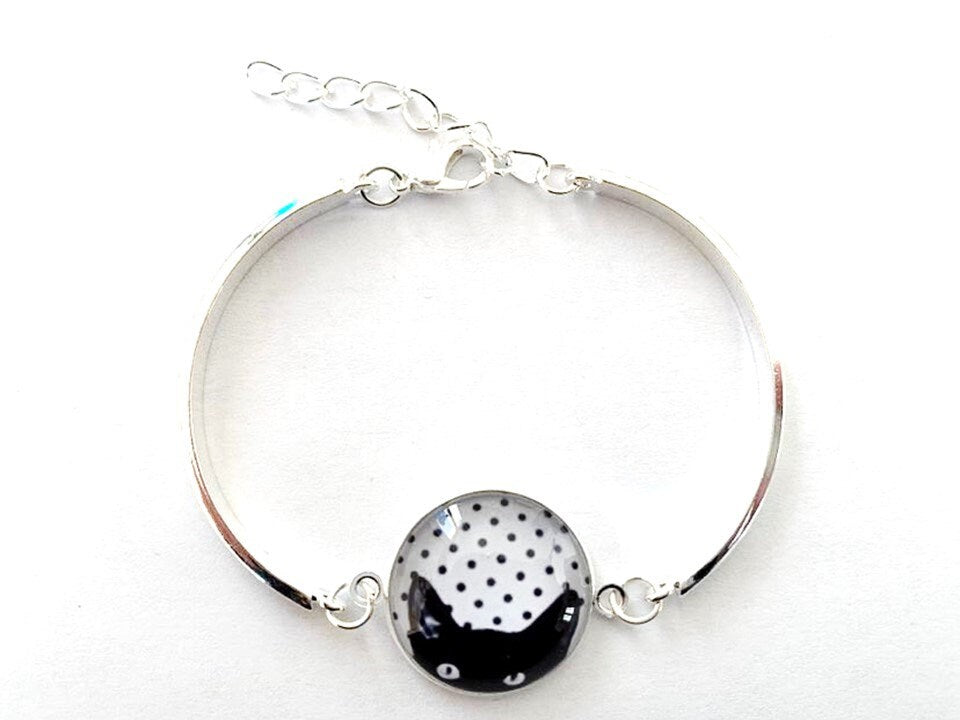 Bracelet, cabochon en verre, argenté, pois et chat
