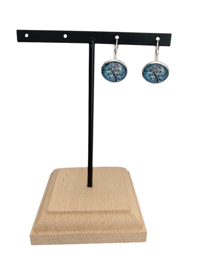 Boucles d'oreilles cabochon, dormeuses, argentées, rondes, arbre de vie et petits oiseaux, cabochon verre