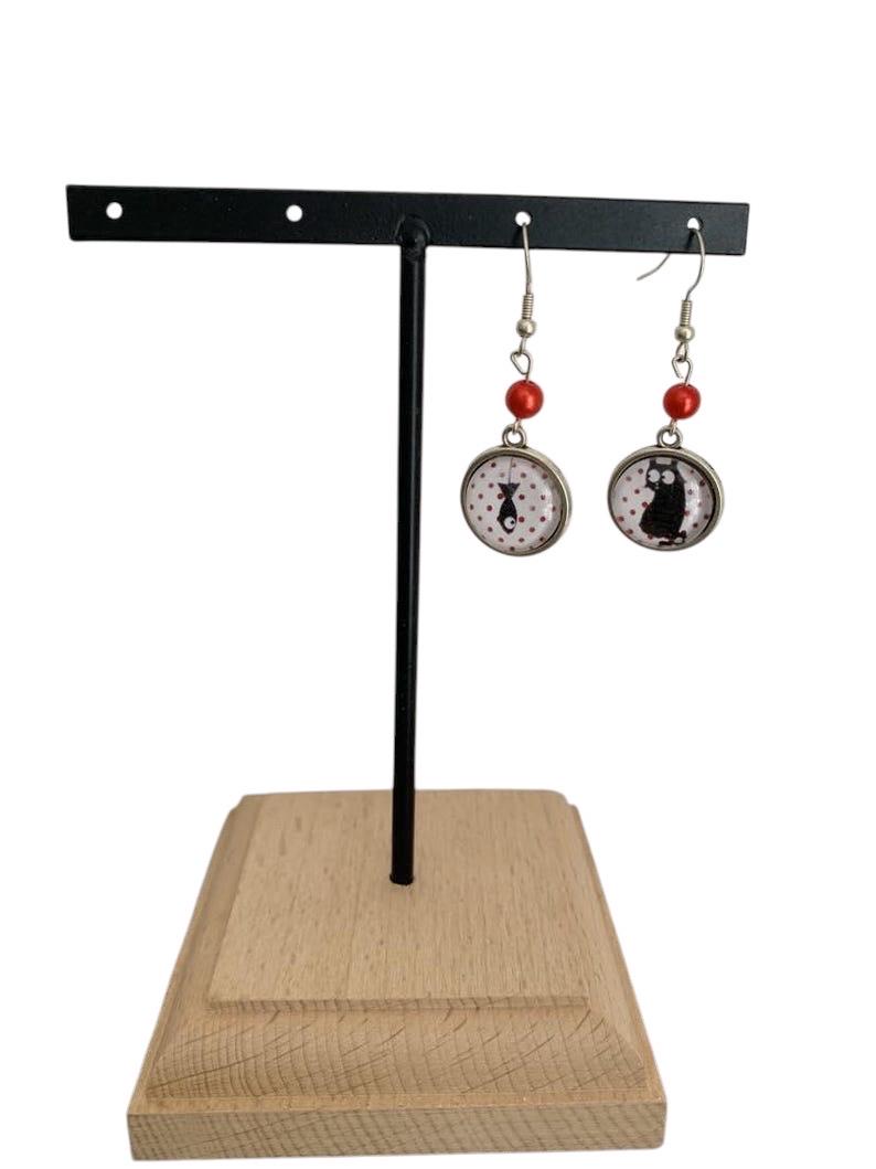 Boucles d'oreilles pendantes cabochon, rondes, chats et poisson, cabochon en verre