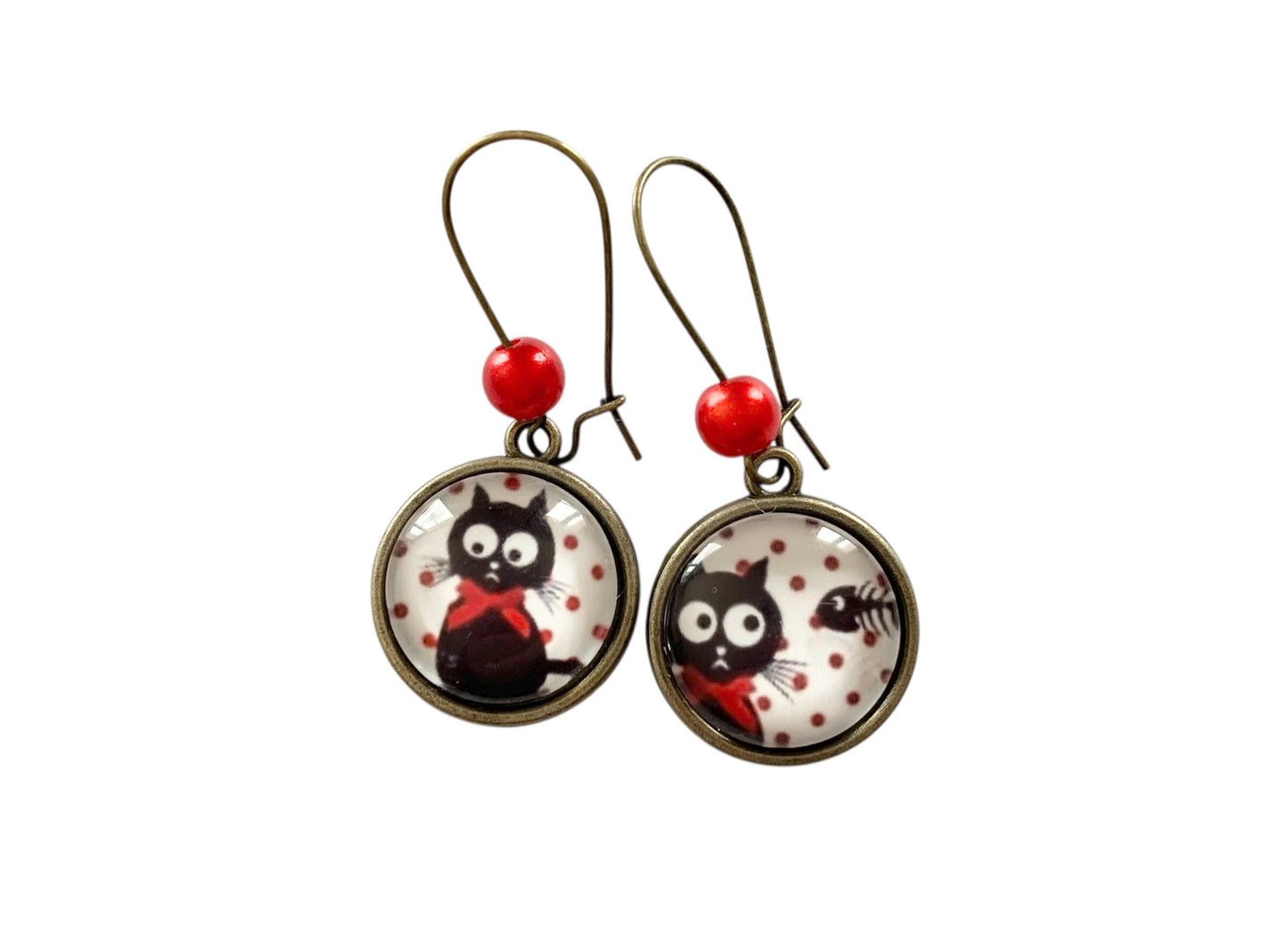 Boucles d'oreilles cabochon pendantes, bronze, chat et poisson, cabochon verre