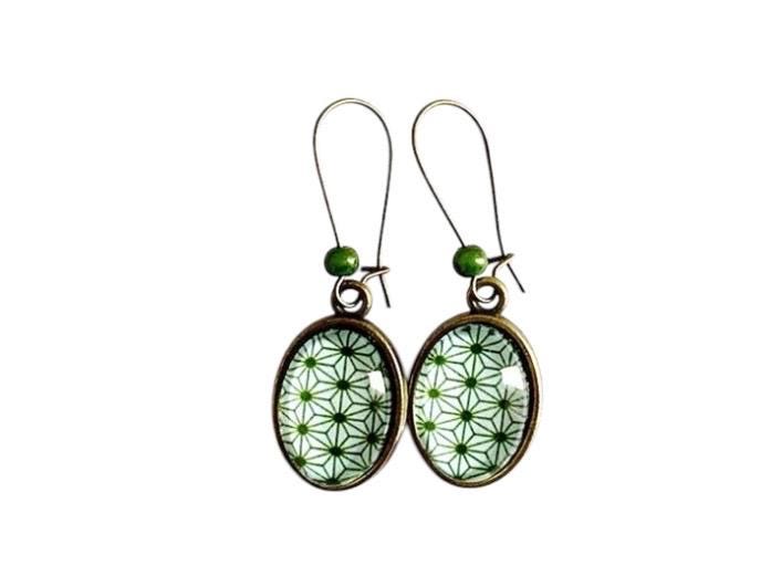 Boucles d’oreilles ovales, vintage, motif étoilé, bronze, cabochon en verre