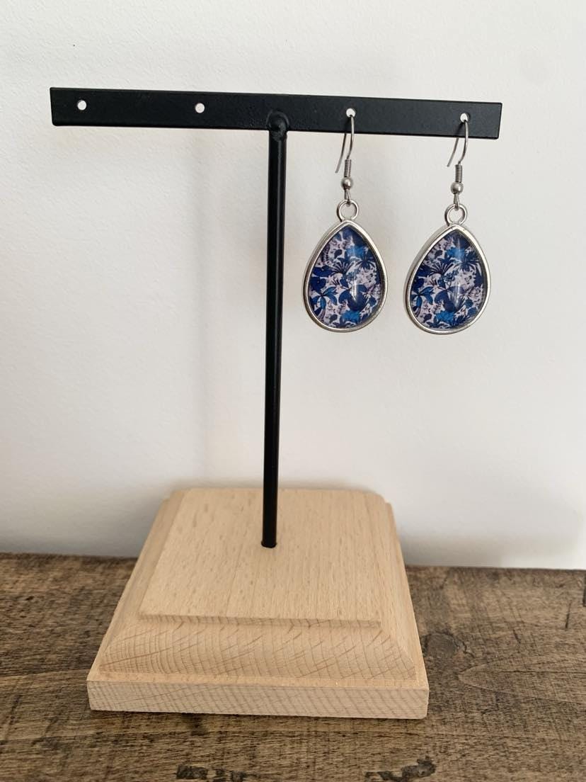 Boucles d'oreilles pendantes gouttes, argentées, fleurs, esprit tropical, cabochon verre
