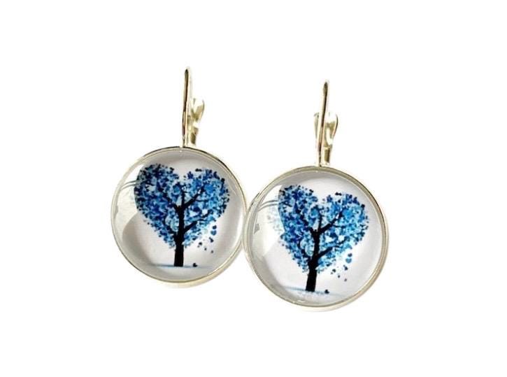 Boucles d’oreilles cabochon dormeuses, arbre de vie coeur, argentées