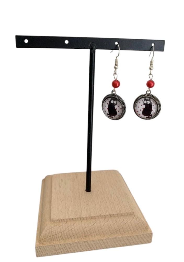 Boucles d'oreilles rondes, chat, cabochon verre