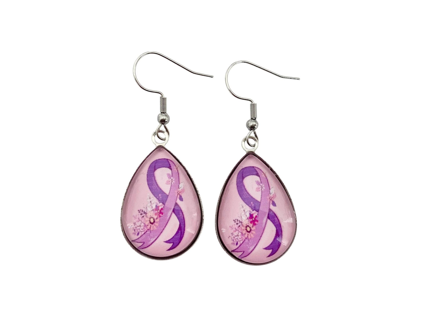 Boucles d'oreilles pendantes cabochon, gouttes, ruban violet, lutte contre le cancer - Février Lilas