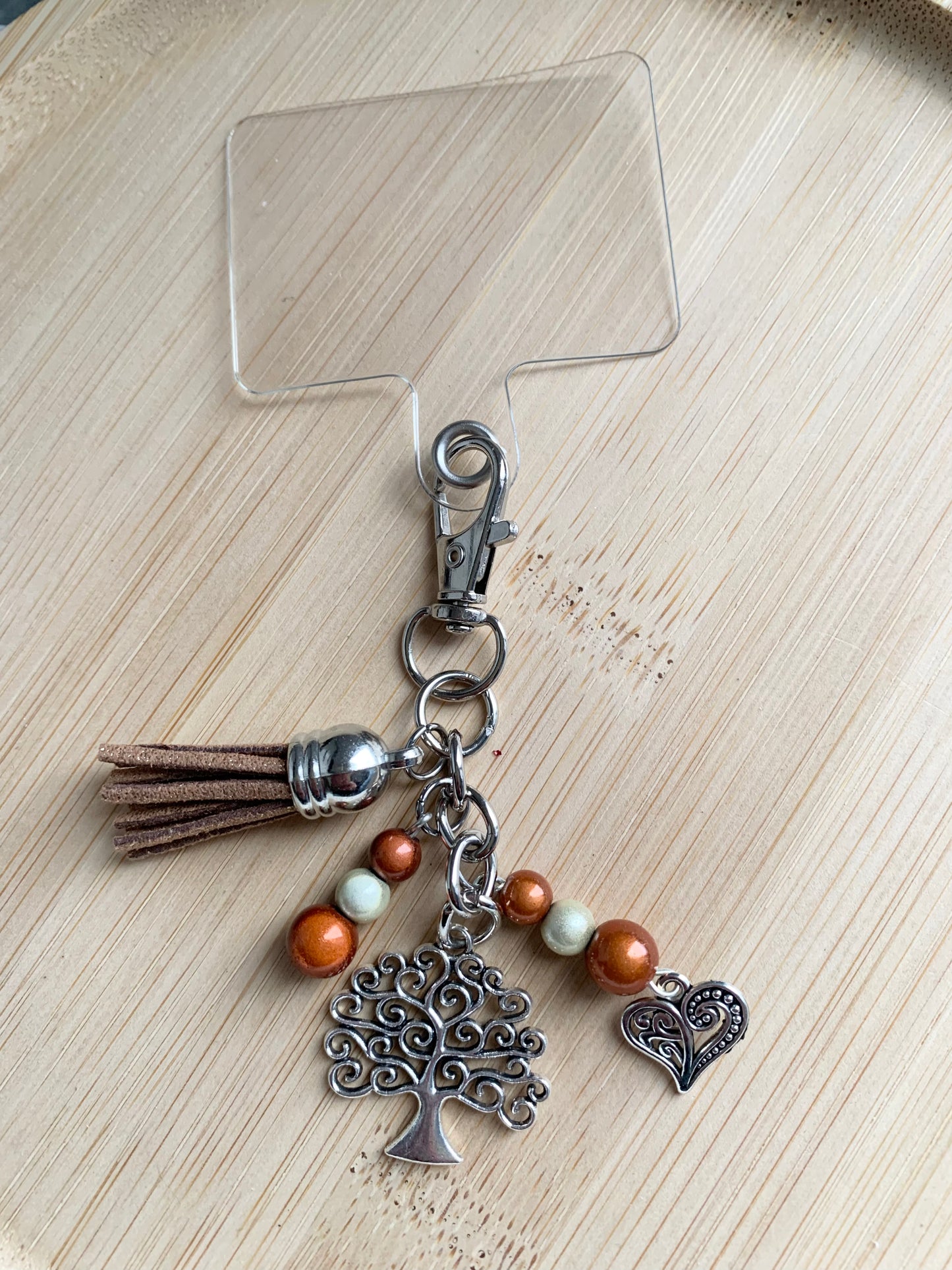 Bijou de téléphone, perles et pendentifs argentés, marron, arbre de vie