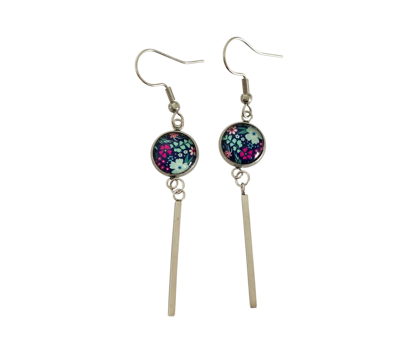 Boucles d'oreilles cabochon, pendantes, argentées, rondes, petites fleurs