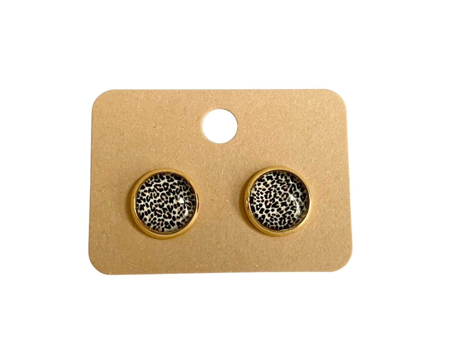 Puces d oreilles, clous d oreilles, cabochons en verre, acier inoxydable, dorées, léopard
