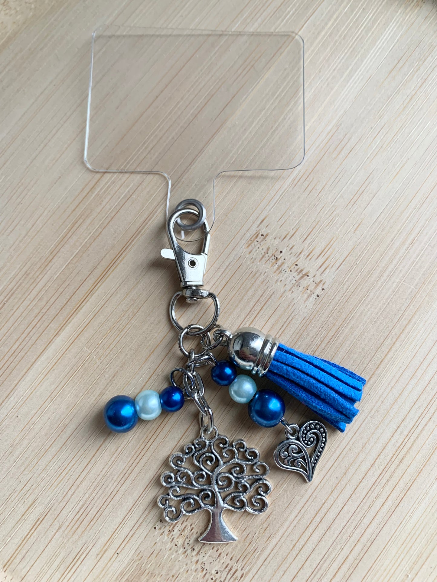 Bijou de téléphone, perles et pendentifs argentés, bleu, arbre de vie