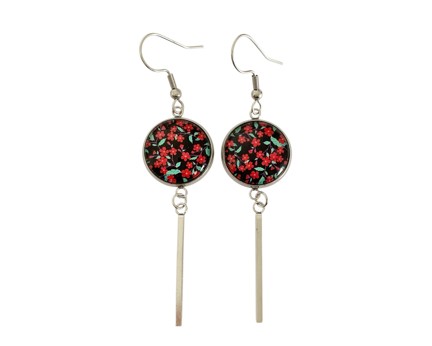 Boucles d'oreilles cabochon, pendantes, argentées, rondes, petites fleurs rouges