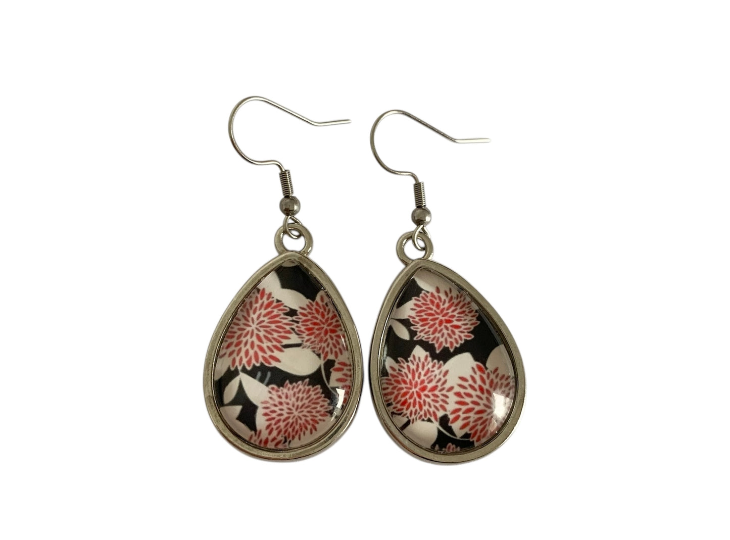 Boucles d'oreilles pendantes gouttes, argentées, fleurs, esprit végétal, feuilles, cabochon verre