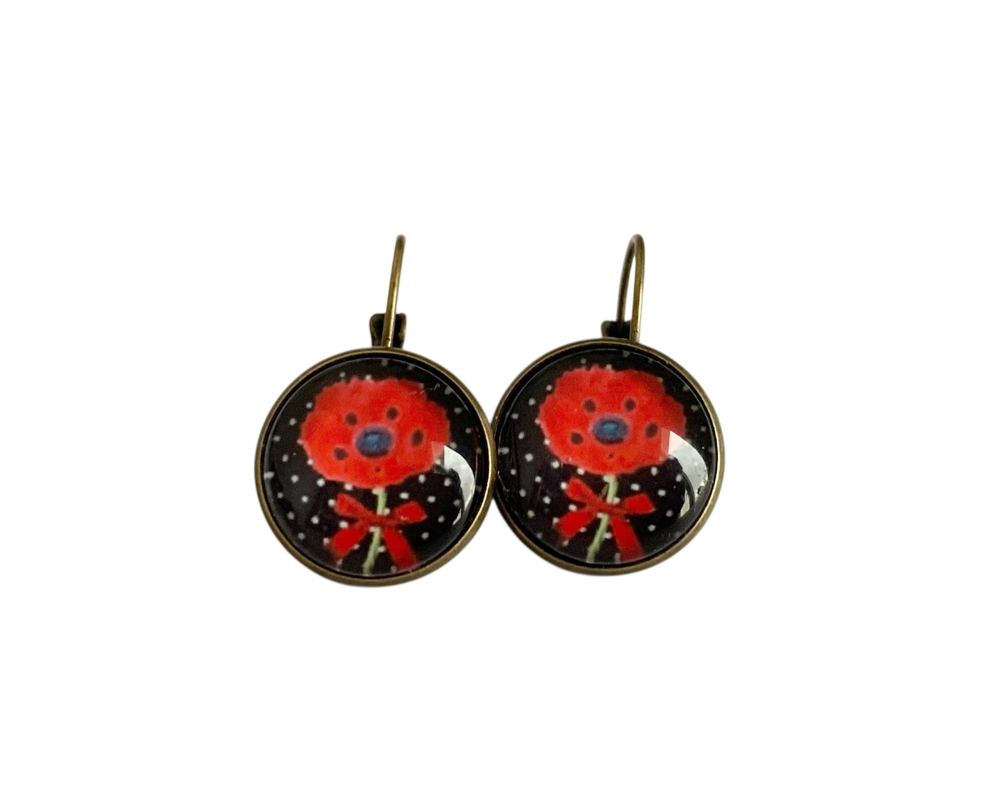 Boucles d’oreilles cabochon dormeuses, fleurs, romantique, coquelicots, esprit japonnais,
