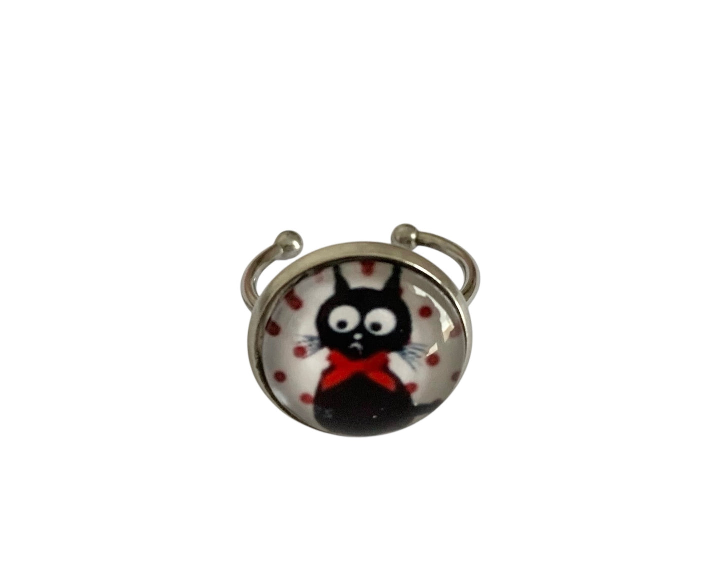 Bague cabochon fantaisie, chat et pois, argentée, ajustable, cabochon verre
