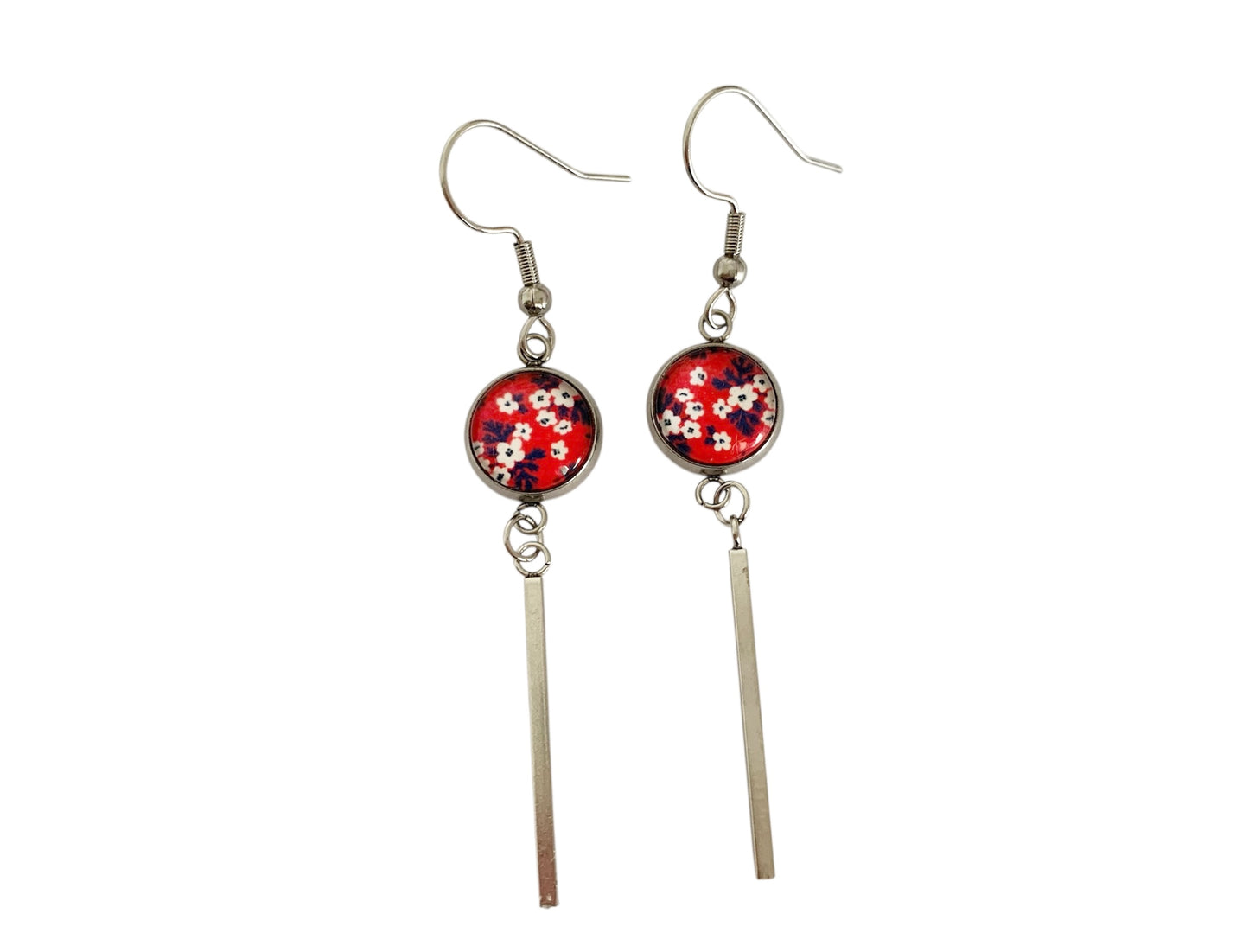 Boucles d'oreilles cabochon, pendantes, argentées, rondes, petites fleurs