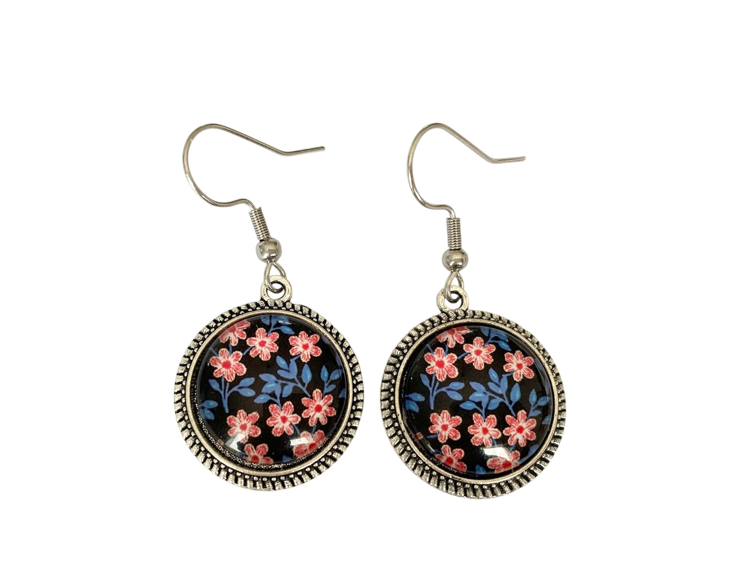 Boucles d'oreilles cabochon, pendantes, argentées, rondes, fleurs, cabochons en verre