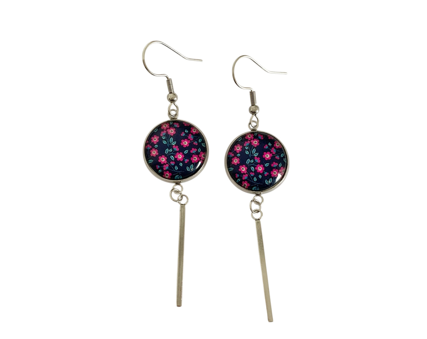 Boucles d'oreilles cabochon, pendantes, argentées, rondes, petites fleurs roses