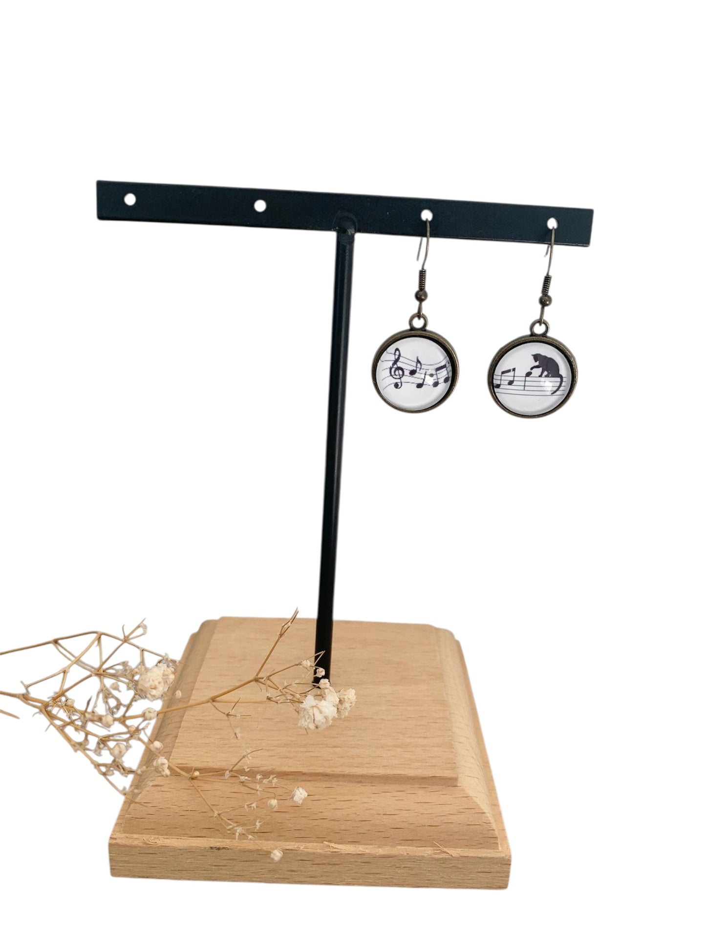 Boucles d’oreilles cabochon pendantes, bronze, chats et notes de musique, asymétriques, cabochon verre