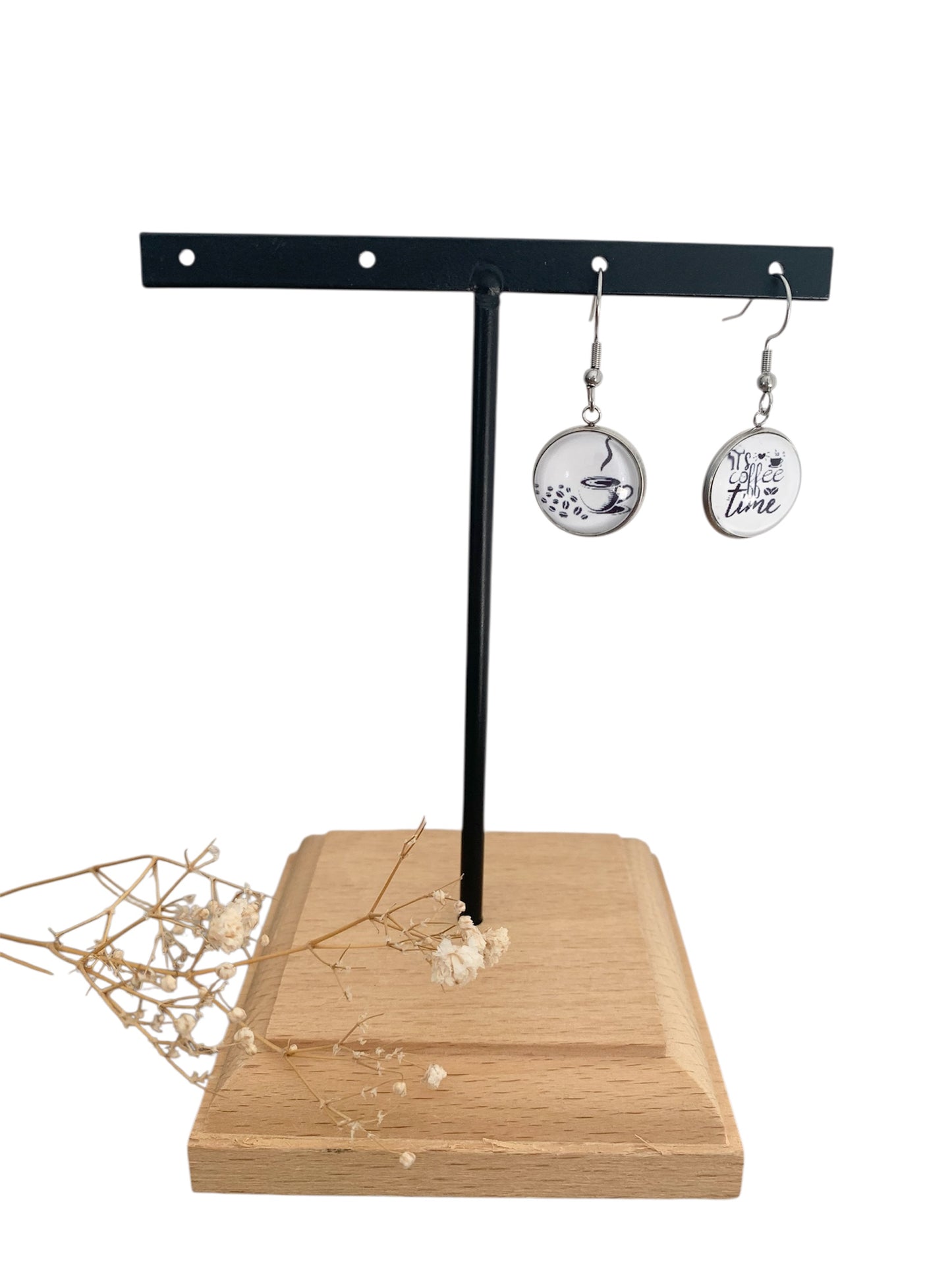 Boucles d’oreilles cabochons pendantes, argentées, asymétriques, it’s coffee Time