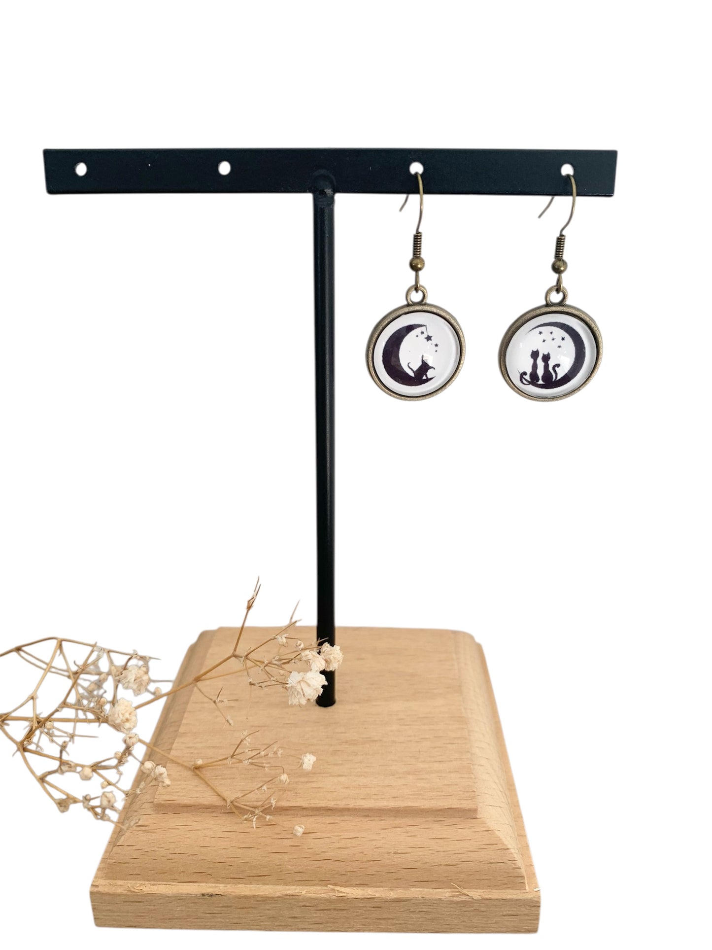 Boucles d’oreilles cabochons pendantes, bronze, chats et lune, asymétriques