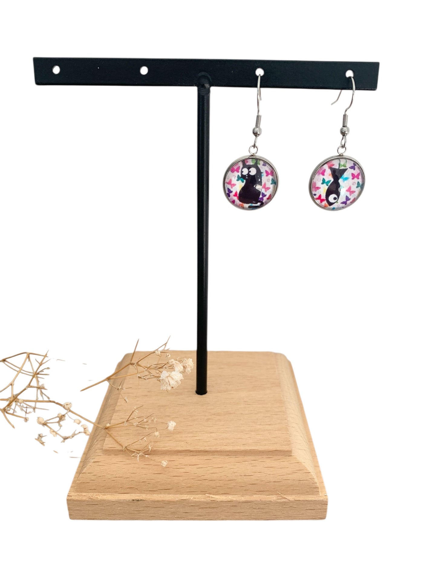 Boucles d'oreilles cabochons, argentées, rondes, asymétriques, chat et poisson, et papillons multicolores