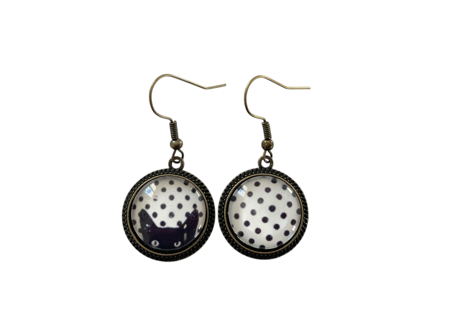 Boucles d’oreilles cabochons pendantes, bronze, chats et pois, vintage, asymétriques