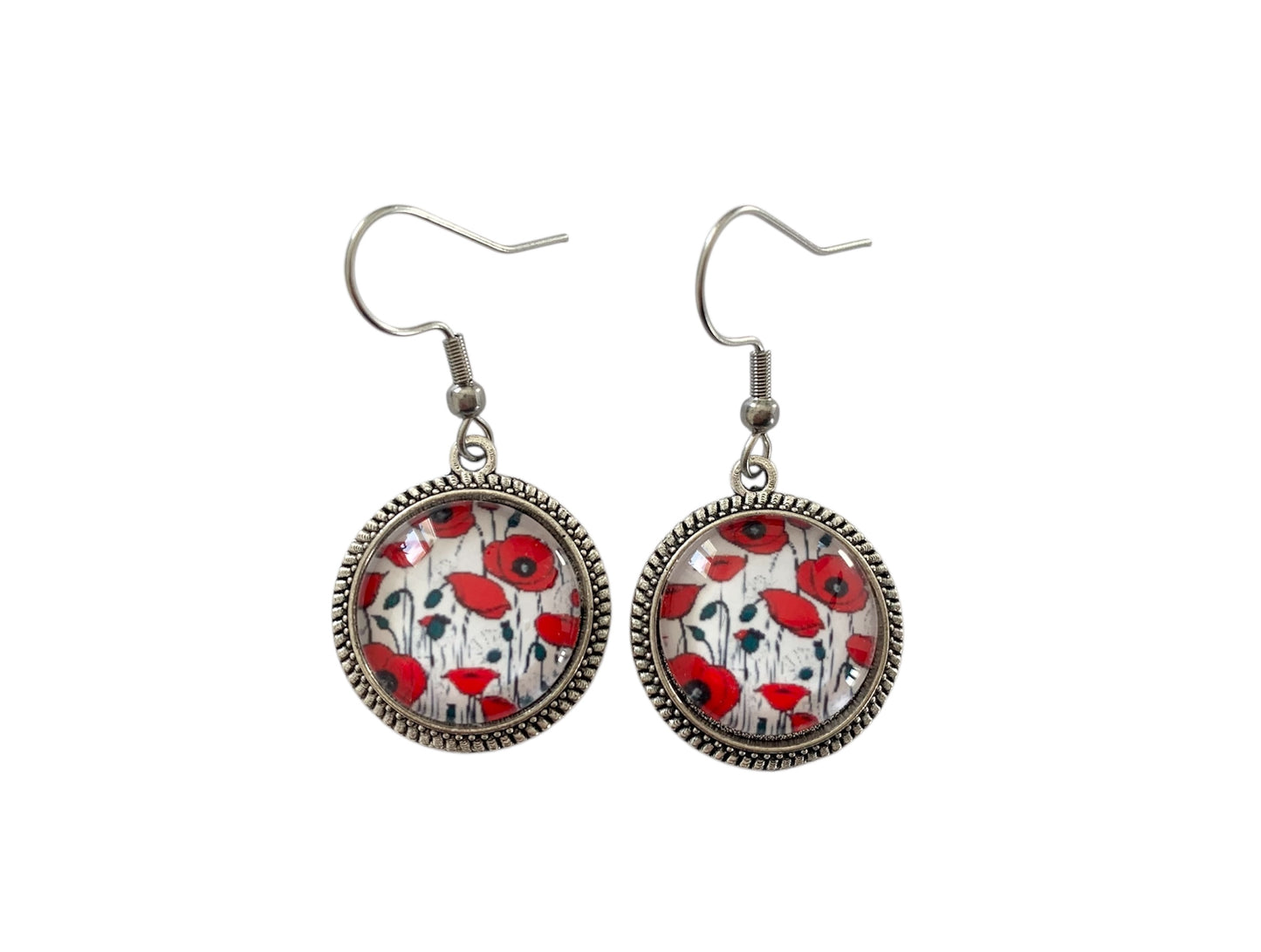 Boucles d'oreilles rondes, végétal, coquelicots rouges, cabochon verre