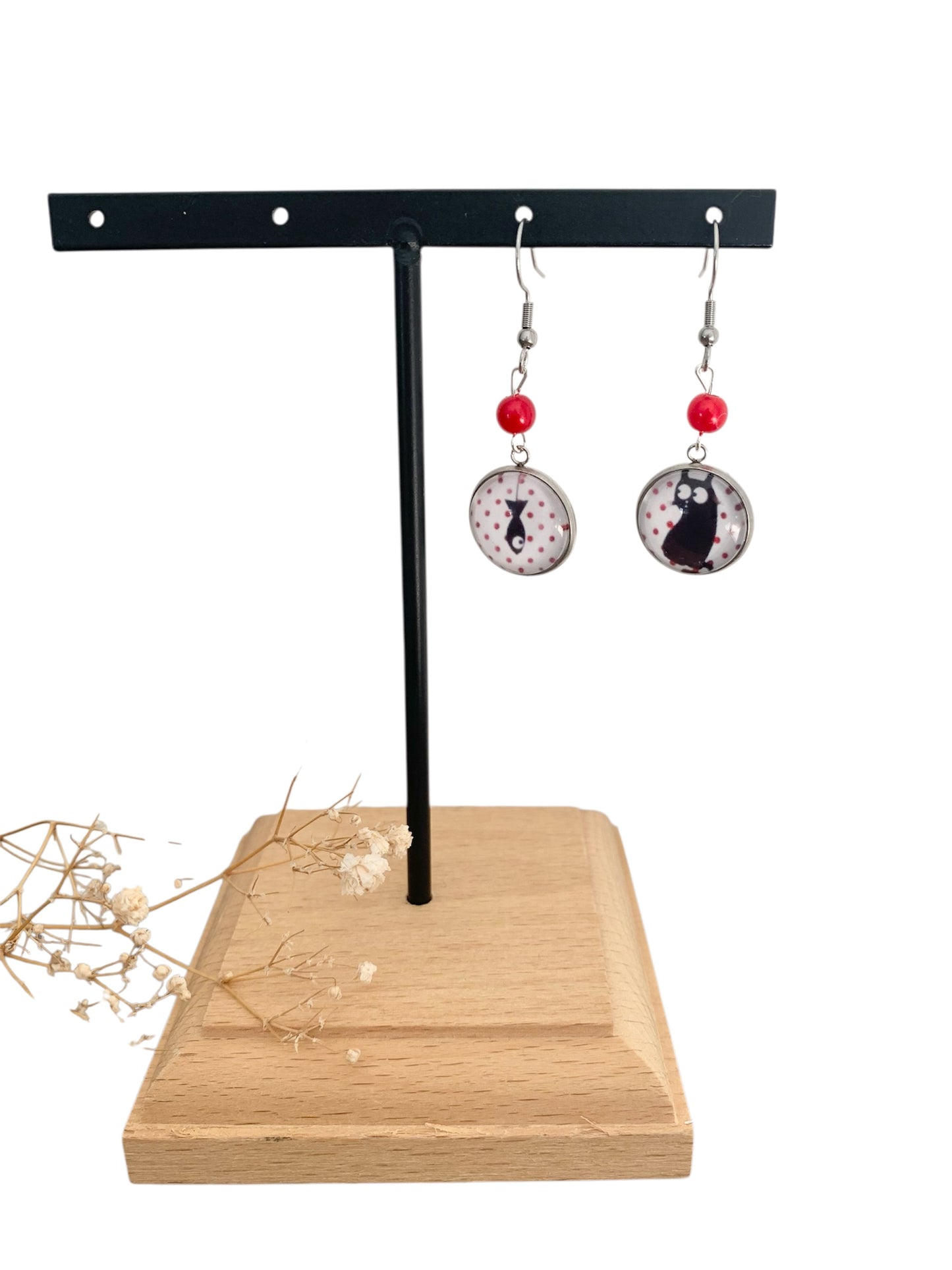 Boucles d'oreilles pendantes cabochon, rondes, chats et poisson, cabochon en verre
