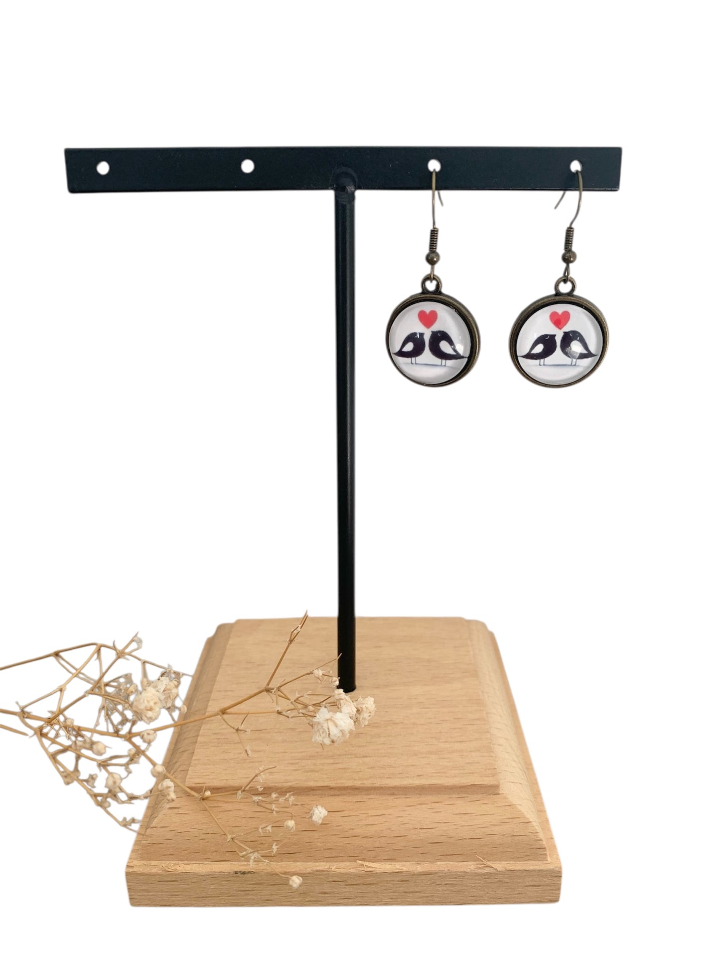 Boucles d’oreilles cabochons pendantes, bronze, oiseaux et coeurs