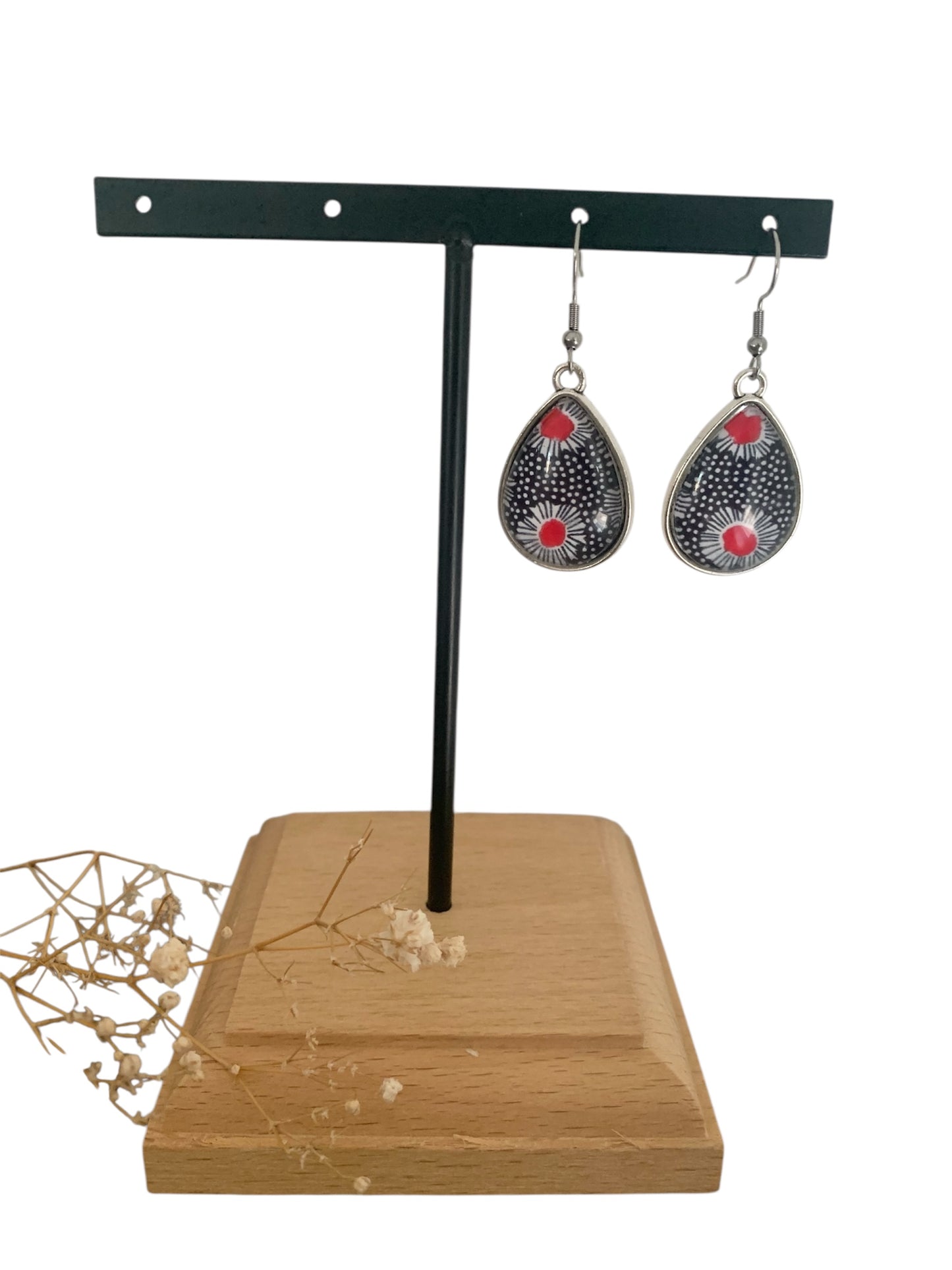 Boucles d'oreilles pendantes gouttes, argentées, fleurs, cabochon verre