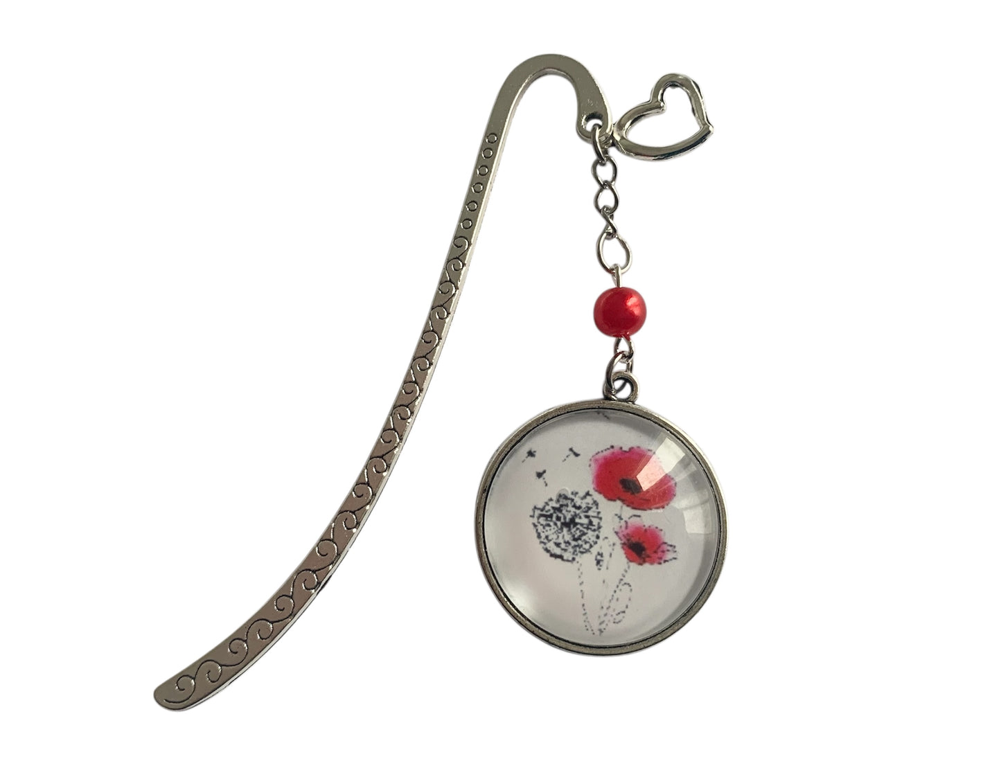 Marque page cabochon en verre, coquelicots et pissenlit