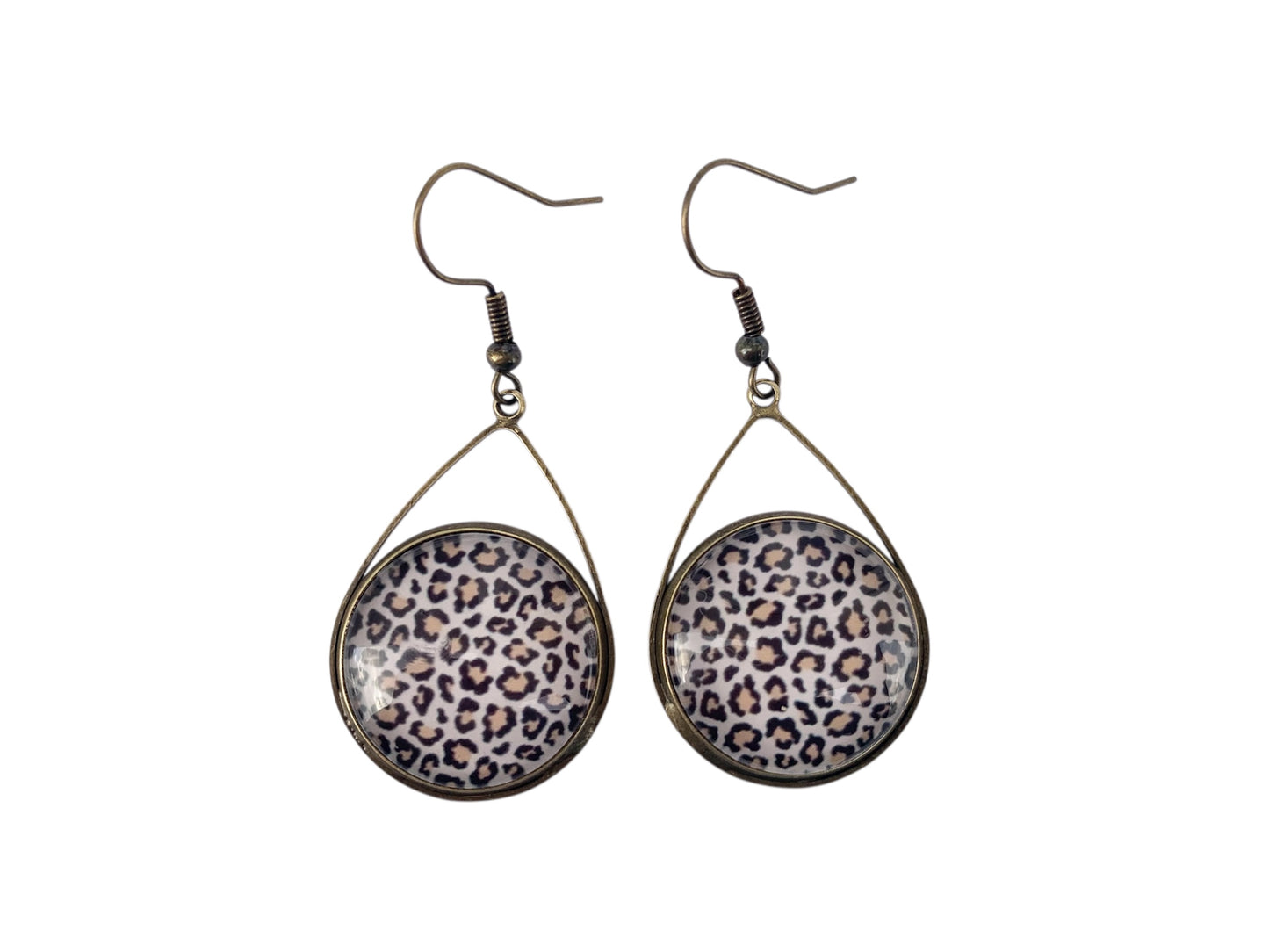 Boucles d'oreilles cabochon pendantes, gouttes, bronze, motif léopard