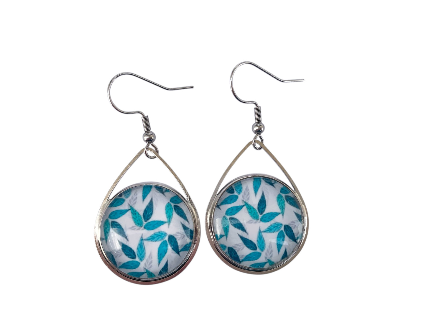 Boucles d'oreilles cabochon pendantes, gouttes, argentées, feuillage bleu