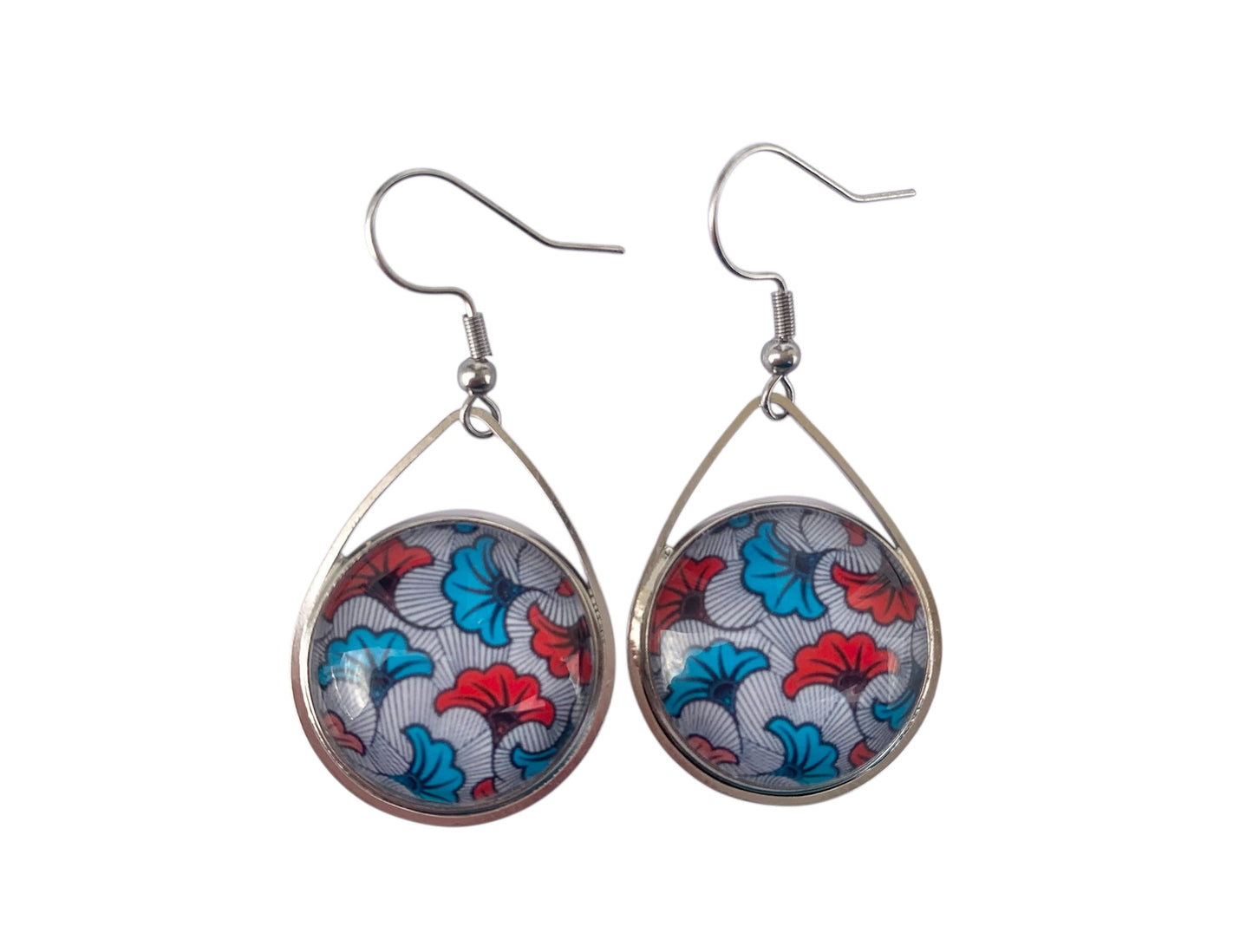 Boucles d'oreilles cabochon pendantes, gouttes, argentées, fleurs wax