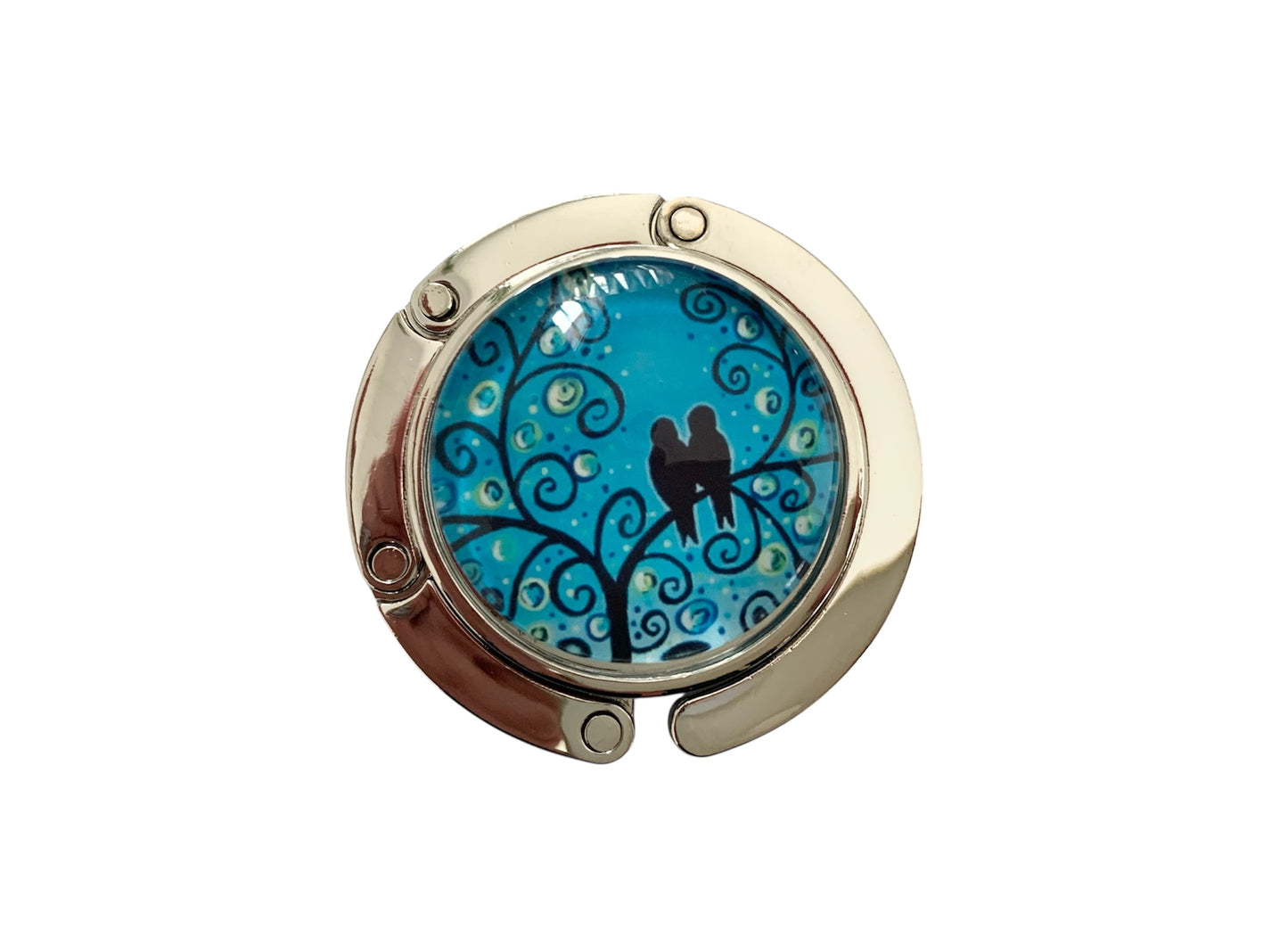 Accroche sac, décoré avec cabochon en verre, arbre de vie et petits oiseaux