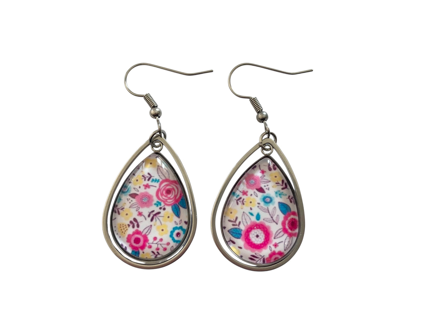 Boucles d'oreilles pendantes gouttes, argentées, fleurs, champêtre, cabochon verre