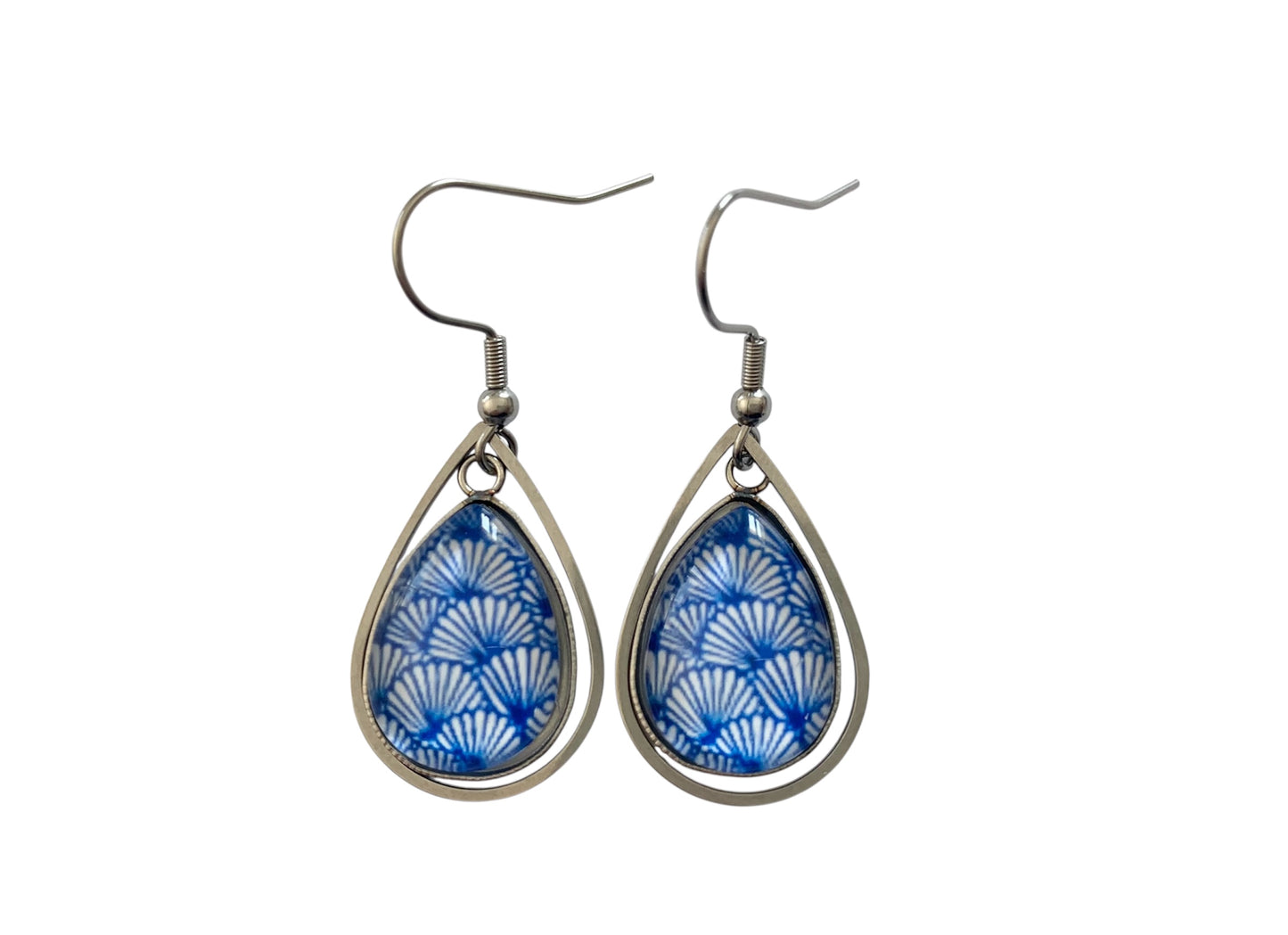 Boucles d'oreilles pendantes gouttes, argentées, fleurs, motif japonais, vintage, cabochon verre