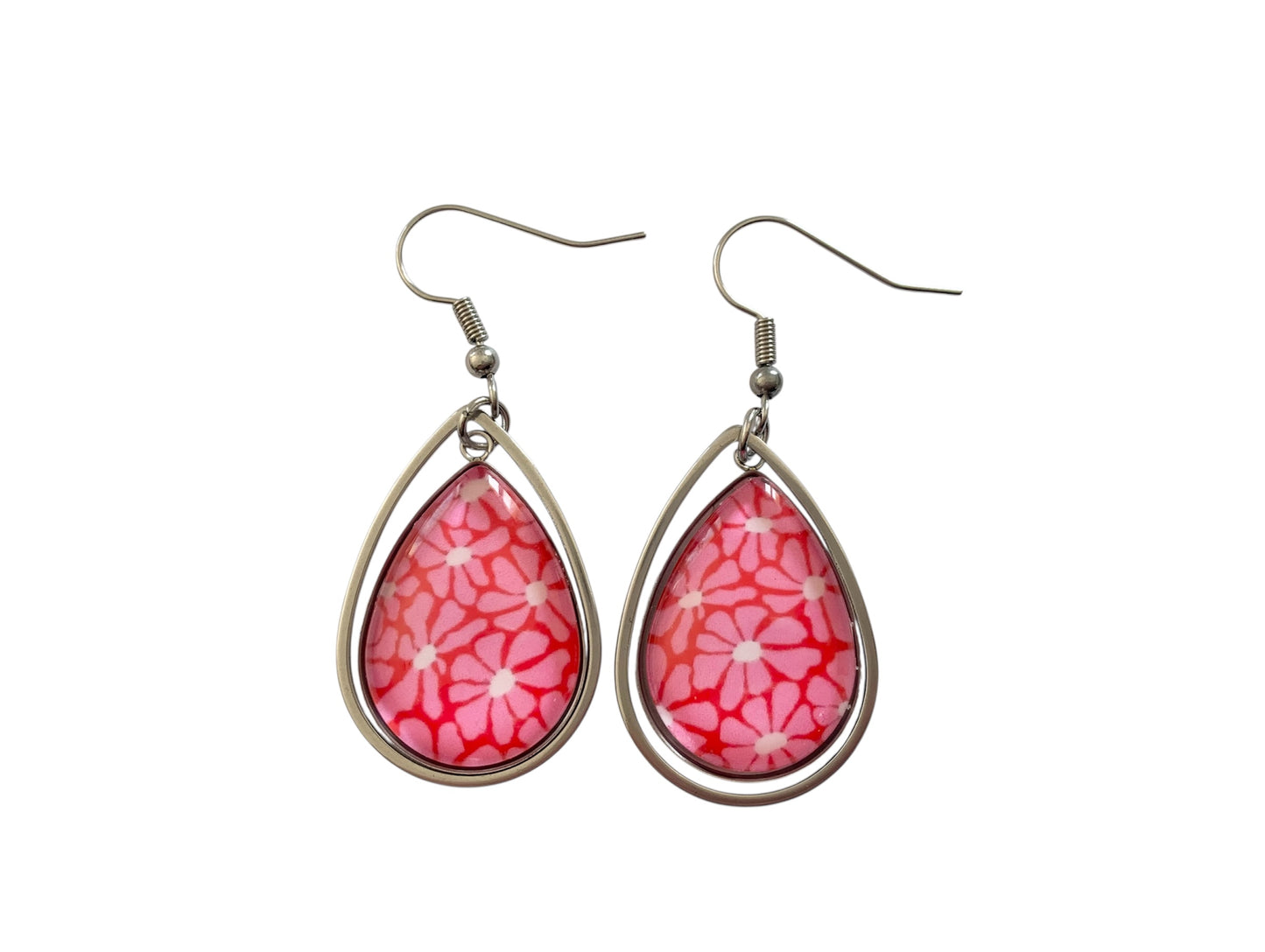 Boucles d'oreilles pendantes gouttes, argentées, fleurs roses, cabochon verre