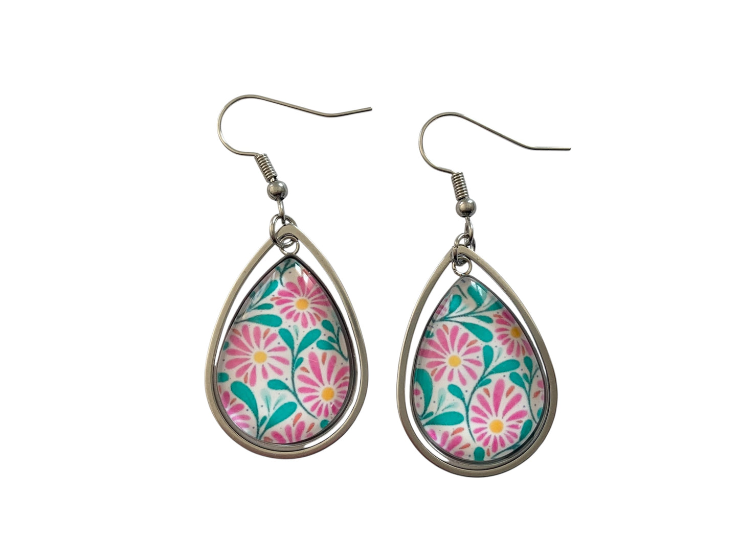 Boucles d'oreilles pendantes gouttes, argentées, fleurs, champêtre, cabochon verre