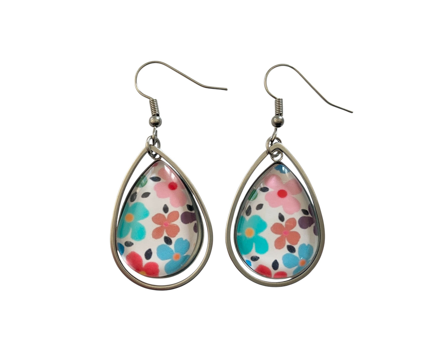 Boucles d'oreilles pendantes gouttes, argentées, fleurs, seventies, cabochon verre