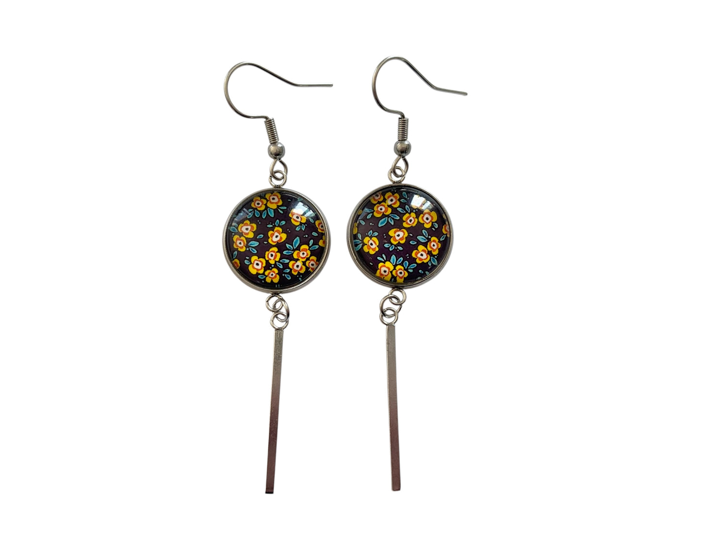 Boucles d'oreilles cabochon, pendantes, argentées, rondes, petites fleurs