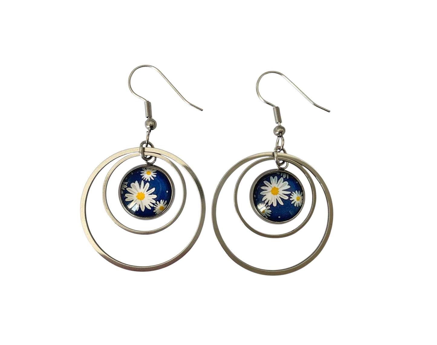 Boucles d'oreilles pendantes cabochon, anneaux, rondes, fleurs, pâquerettes