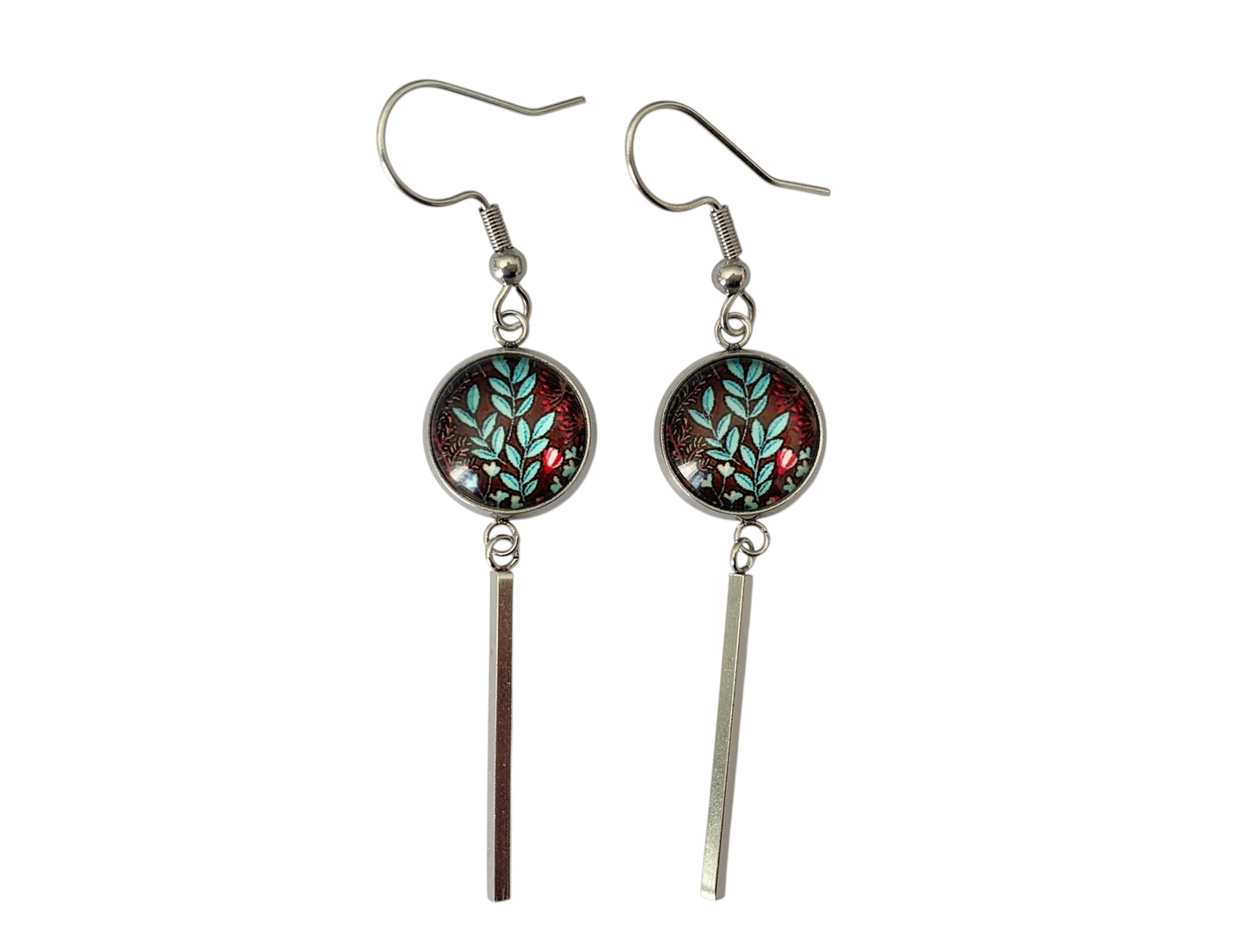 Boucles d'oreilles cabochon, pendantes, argentées, rondes, motif végétal