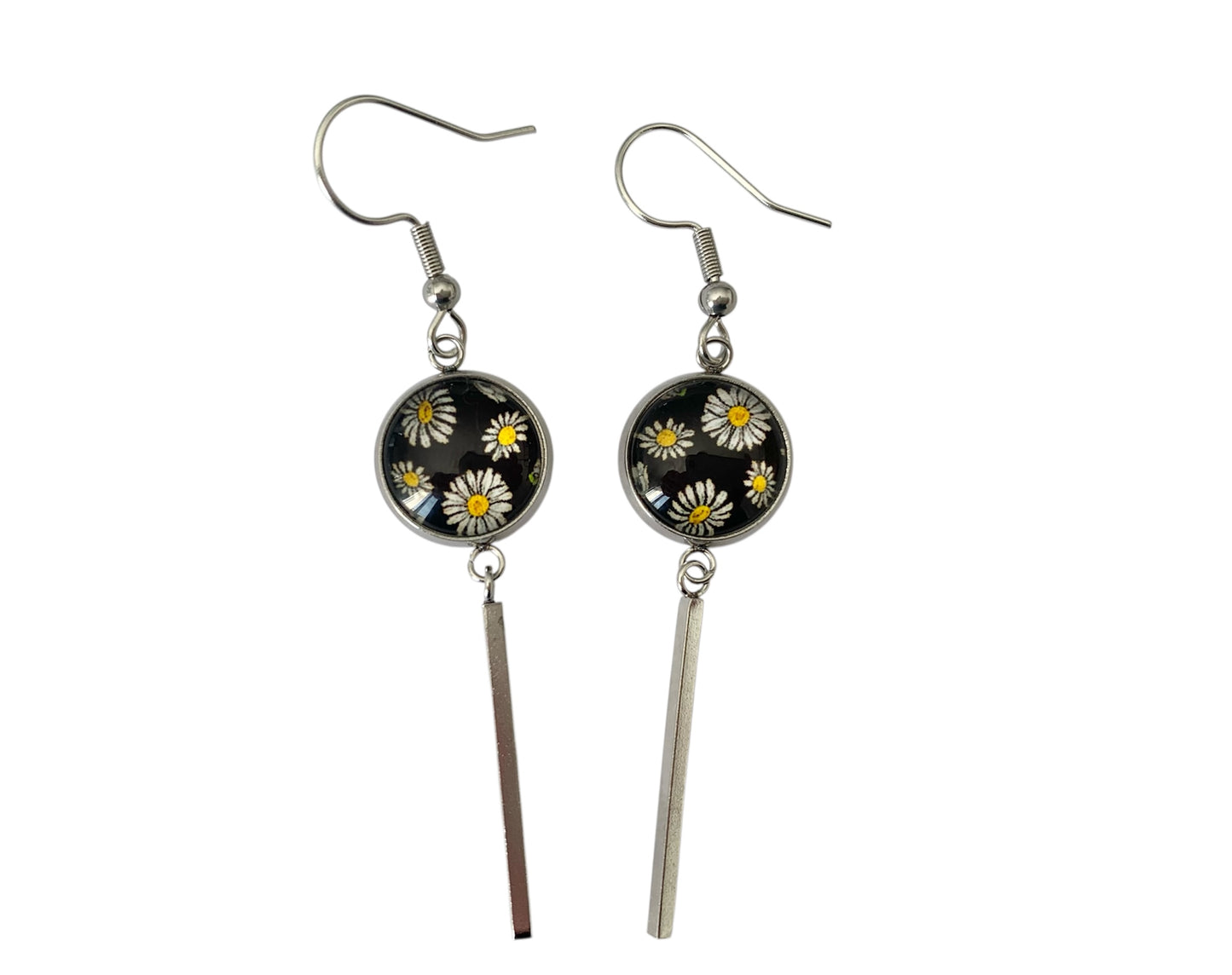 Boucles d'oreilles cabochon, pendantes, argentées, rondes, petites fleurs, pâquerettes